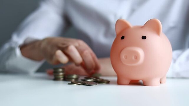 Person saves coins in piggy bank during a financial planning session in an office setting in the morning.