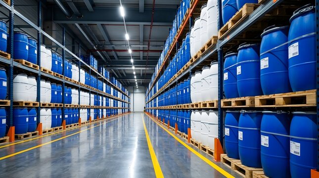 Industrial warehouse interior with rows of blue and white plastic chemical drums stored on multi-level metal racks and wooden pallets along a wide polished concrete floor aisle.