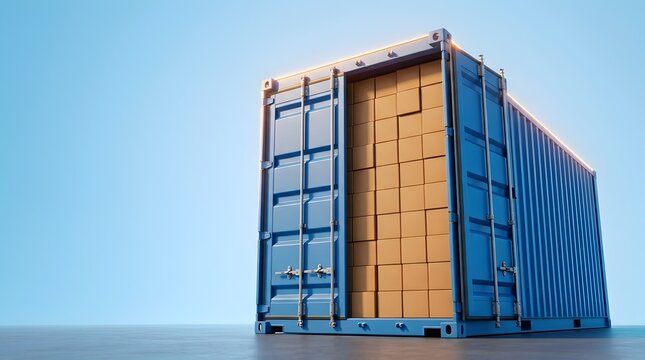 Blue industrial shipping container with open doors revealing rows of stacked brown cardboard boxes inside against a clear blue sky on a reflective surface for global cargo trade.