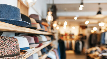 Obraz premium Interior of a fashionable shop, showing a carefully curated collection of hats on display, with warm bokeh lighting in the background