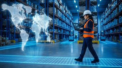 Obraz premium Female logistics manager in safety gear walking through a modern warehouse with a laptop, featuring a glowing digital world map hologram and futuristic blue floor grid overlay.