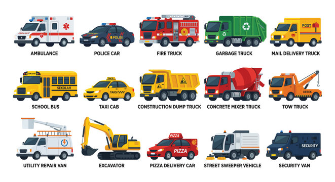 Urban Transportation Service Vehicles Icon Collection Design