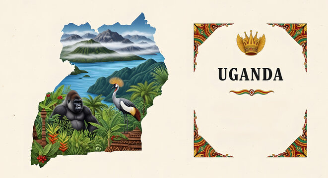 Uganda Map Art with Mountain Gorilla Crested Crane African Lakes and Lush Nature Landscape