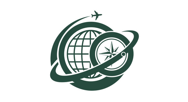 Travel and tourism logo featuring a globe, compass, and airplane.