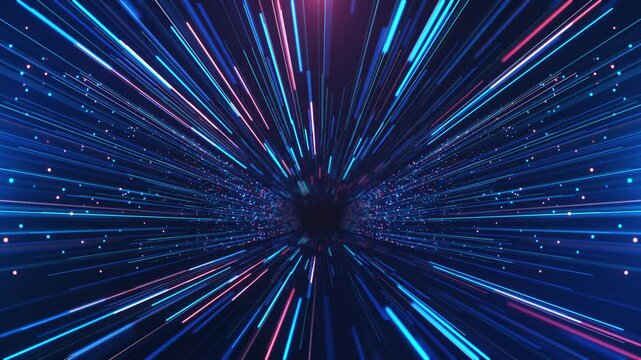 Fast moving luminous lines racing through deep space high speed tunnel. hyperspace warp tunnel Vibrant digital streaks particles simulate energy travel for sci fi intros tech visuals transitions.