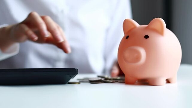 Saving coins in a piggy bank while using a calculator on a white desk in an indoor setting.