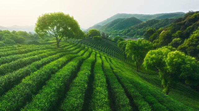 Tea Plantations on Rolling Hills in the Morning