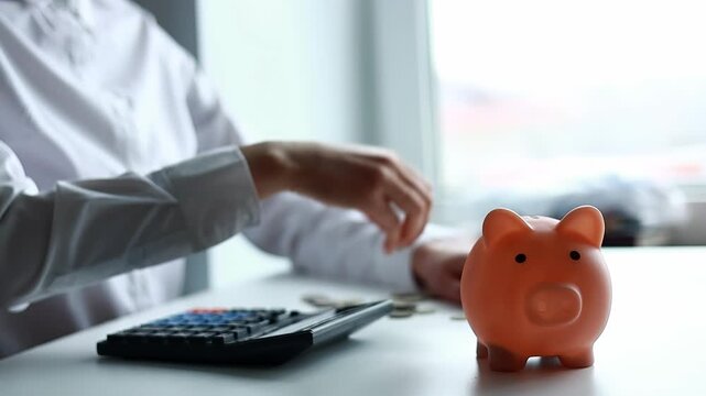 Counting coins and budgeting with a piggy bank and calculator at a desk in a bright room during the day.
