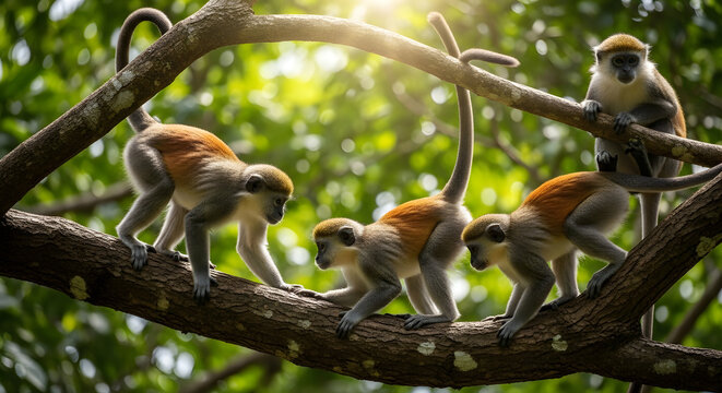 Group of four playful vervet monkeys on tree branches in sunlit tropical forest looking around.