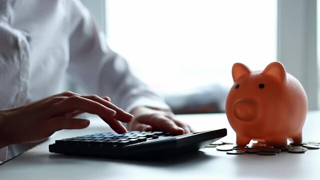 Person doing calculations with a calculator and a piggy bank next to scattered coins in an indoor setting during daylight hours.