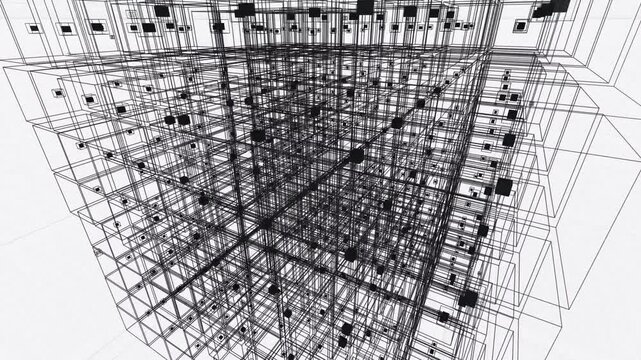 Holographic blueprint of an infinite datacenter dynamically reallocating resources. Simulates scalable load balancing via recursive geometry. Works for enterprise IT and data center brand films.