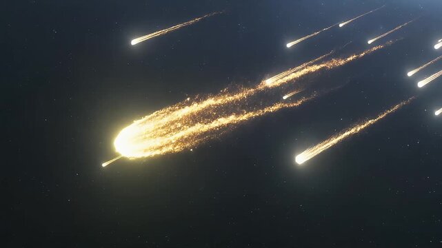 A spectacular cosmic event unfolds as a barrage of brilliant meteors streaks across the dark expanse of space, their fiery tails illuminating the celestial canvas with a dynamic display of light