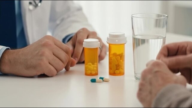 A doctor and a patient sit at a table; the doctor gestures toward two orange prescription bottles filled with pills, a glass of water, and a few loose pills on the table, discussing medication. health