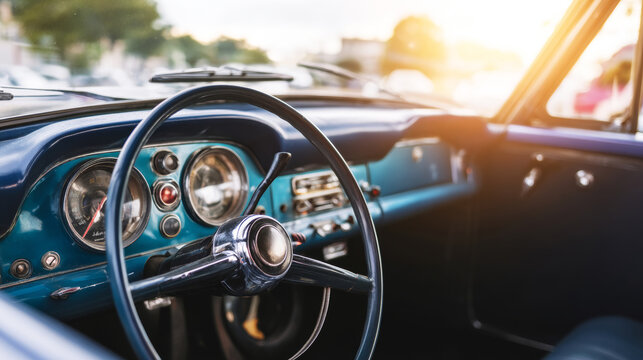 Vintage car interior showcasing classic dashboard design, steering wheel, and analog gauges in beautiful sunlight