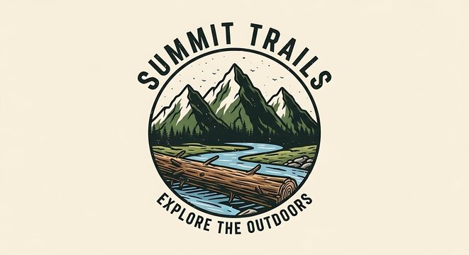 Mountain scene logo design with trails and nature elements vector illustration