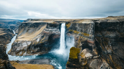 Obraz premium Haifoss waterfall plunging into a deep canyon, powerful river flowing through dramatic rugged landscape