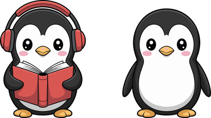 Obraz premium Cute baby penguin reading book with headphones and standing, flat vector illustration for kids nursery education