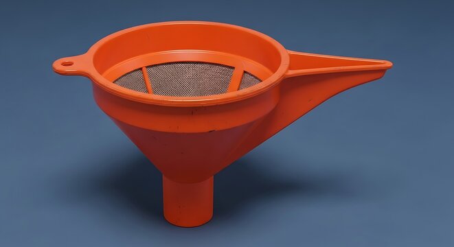 Bright orange plastic funnel strainer with mesh filter for kitchen or crafting use on plain background