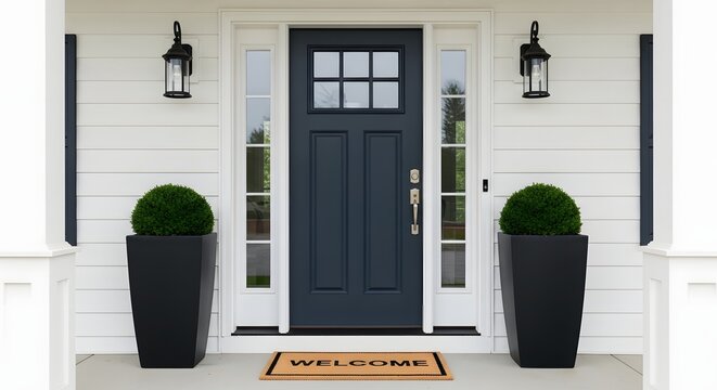 A stylish dark blue front door with glass panes and sidelights, flanked by two large black planters with lush green topiaries, under outdoor wall lanterns.