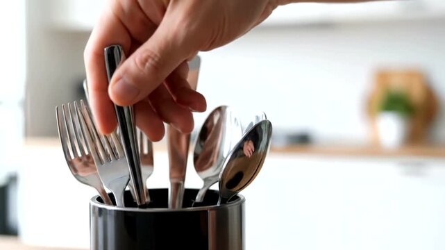 Hand placing a knife into a utensil holder with forks and spoons in a modern kitchen setting.