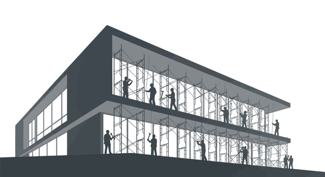 construction workers building a modern two-story building with scaffolding