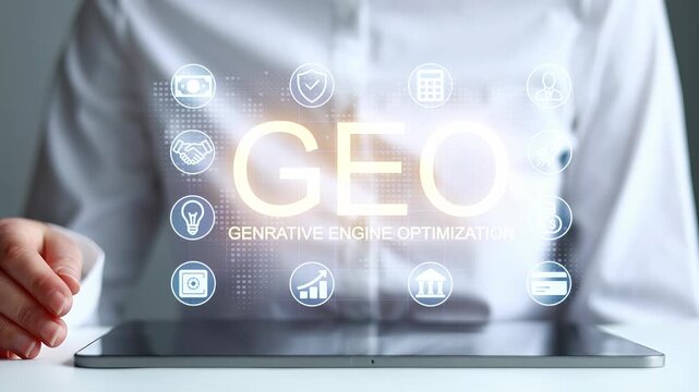 Hands holding a tablet displaying geo generative engine optimization concepts in an office setting during daytime.