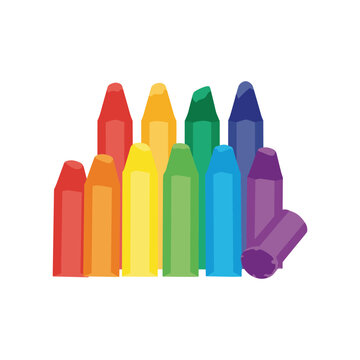 Group of colorful crayons in rainbow order, red, orange, yellow, green, blue, purple, with one broken crayon, isolated on white.
