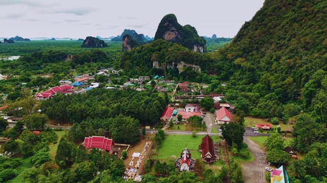 Aerial view cave Tham Phung Chang with greenery in Phang Nga, temple of Thailand.