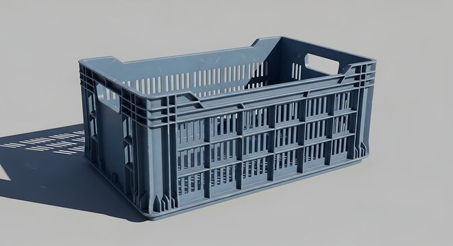 Large grey plastic crate with multiple compartments and sturdy handles for storage and transport