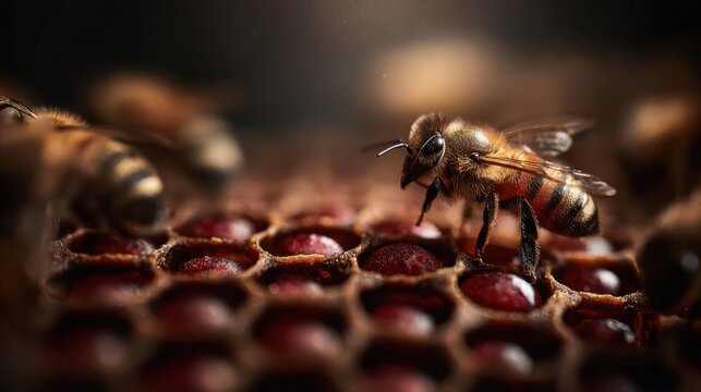 Mature worker bee meticulously cleaning developing brood cells within a detailed honeycomb structure