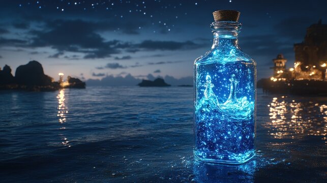 Mystical blue bottle by sea at night