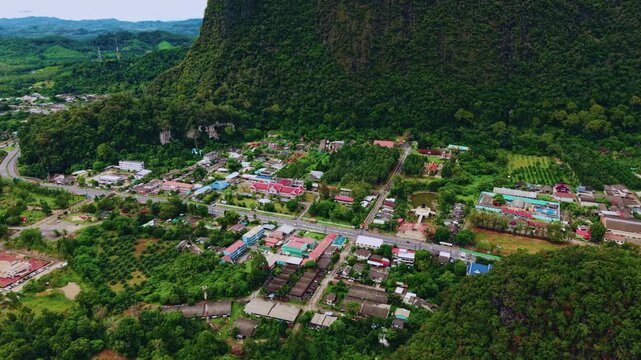 Aerial view cave Tham Phung Chang with greenery in Phang Nga, temple of Thailand.