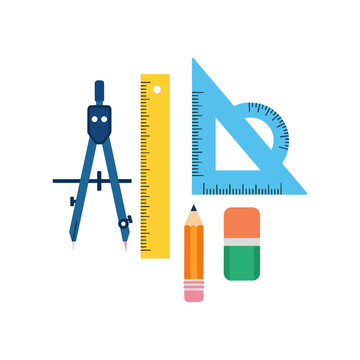 Geometry and drafting tools vector set with blue compass metal divider yellow ruler triangular square set protractor orange pencil and eraser for architectural drawing and school math lessons.