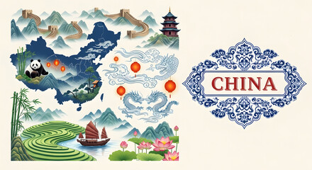 Naklejka premium China Map Typography Illustration with Great Wall Panda Pagoda and Traditional Chinese Culture