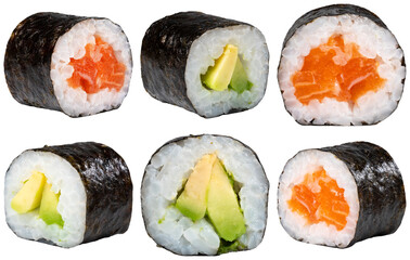 A captivating close-up photograph showcasing six fresh and expertly prepared maki sushi rolls. © Xu