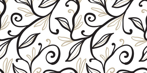 Fototapeta premium A simple abstract design featuring hand-drawn leaf outlines. A trendy black and white striped pattern. A fashionable template isolated on a white background for fabric design.