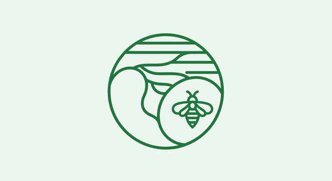A green illustration of a bee and a peach in a circular design on a light green background with lines
