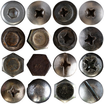 An organized grid of diverse metal screw and bolt heads, featuring various drive types and textures.