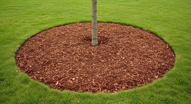 Red wood chip mulch ring around a young tree trunk in a vibrant green lawn, showcasing garden landscaping