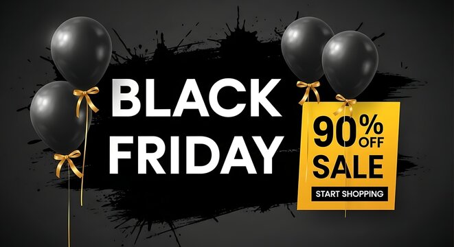 Black friday sale advertisement with balloons and bold typography