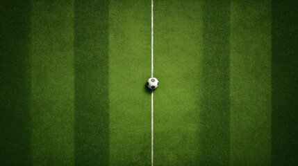 Obraz premium Top View Soccer Ball on Green Football Pitch Center Line