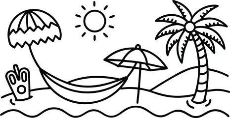Obraz premium Tropical vacation elements - hand drawn seaside sun umbrella hammock.eps