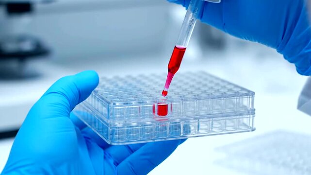 Scientist in Blue Gloves Pipetting Red Liquid into Microplate for Laboratory Analysis.