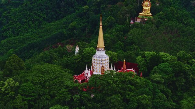 Buddhism Wat Bang Riang Temple sunset, aerial top view, Ranong Thailand.