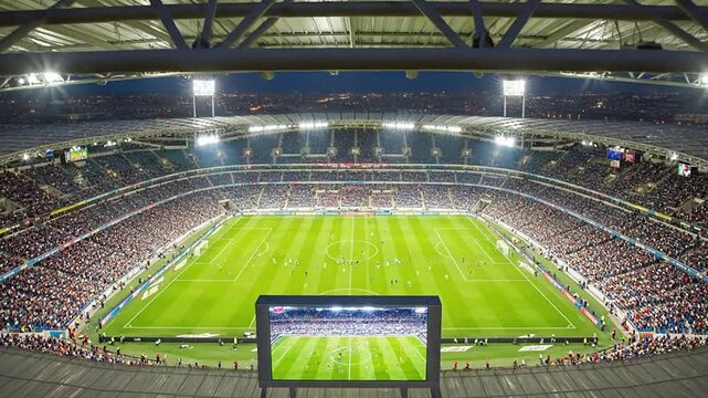Modern football stadium with a full crowd watching an evening match under bright lights