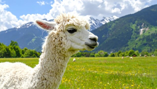 A white alpaca standing in a green meadow with mountains