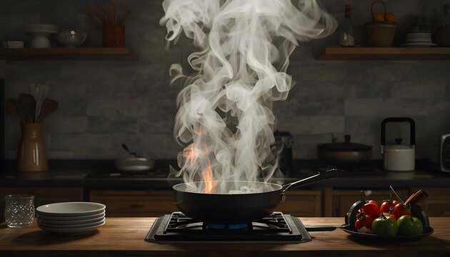 A large frying pan on a gas stove with flames and smoke in a modern kitchen with plates and vegetables