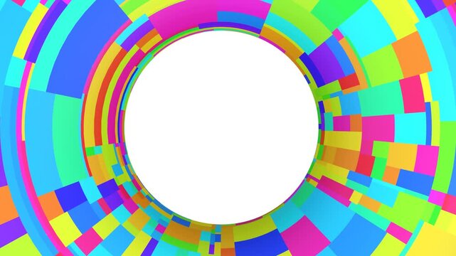 Vibrant blocks swirl around a glowing white center