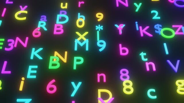 Vibrant letters drift in colorful neon glow