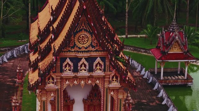 Buddhism Wat Bang Riang Temple sunset, aerial top view, Ranong Thailand.